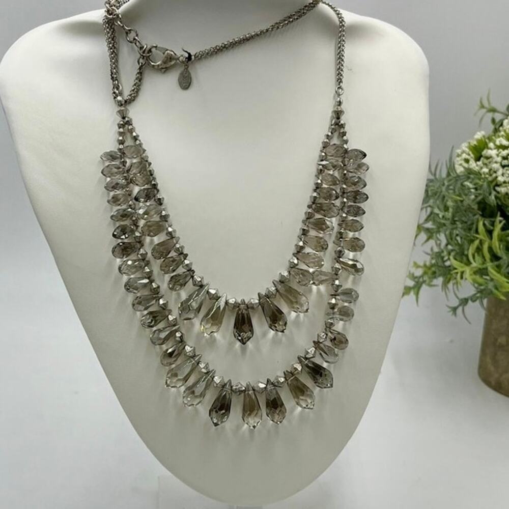 Chicos Silver Tone Double Strand Layered Light Dark Gray Faceted‎ Bead Necklace